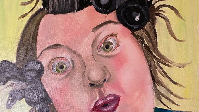 painting of a woman in heated rollers pulling an amusing facial expression.