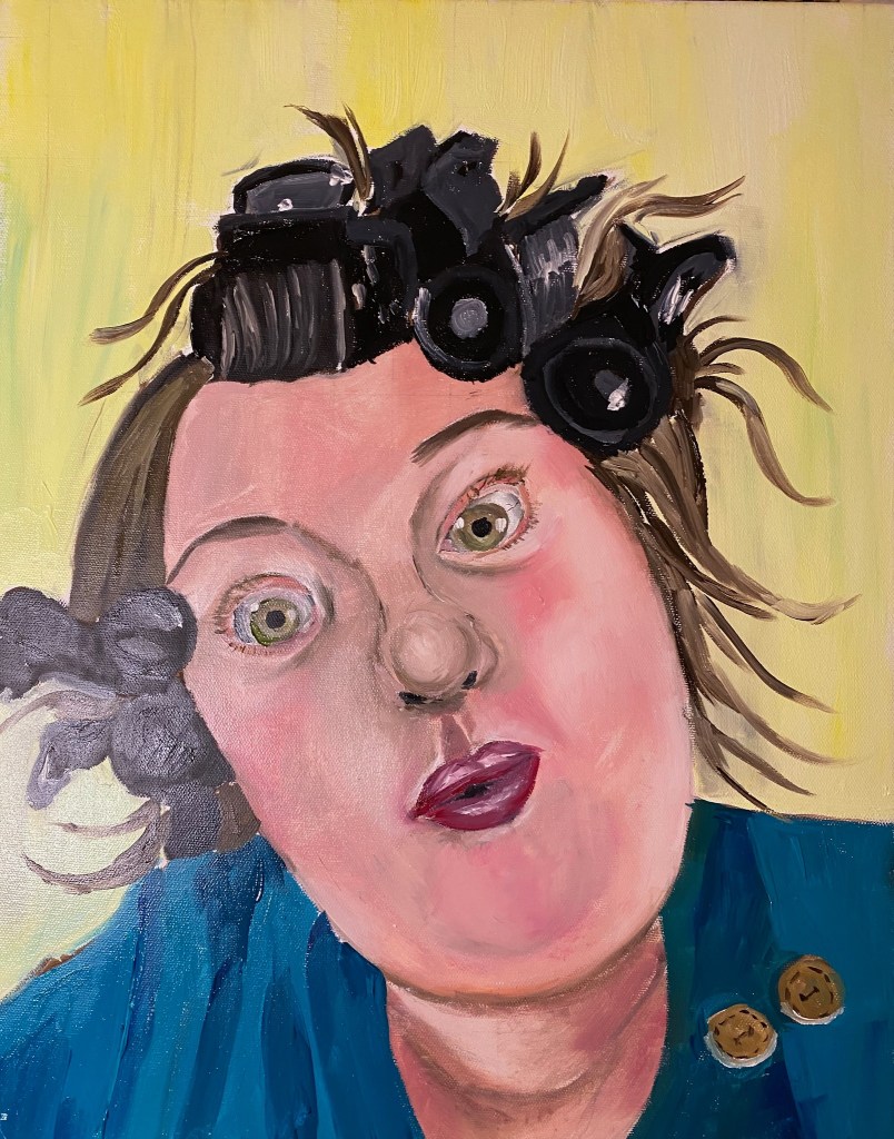painting of a woman in heated rollers pulling an amusing facial expression.